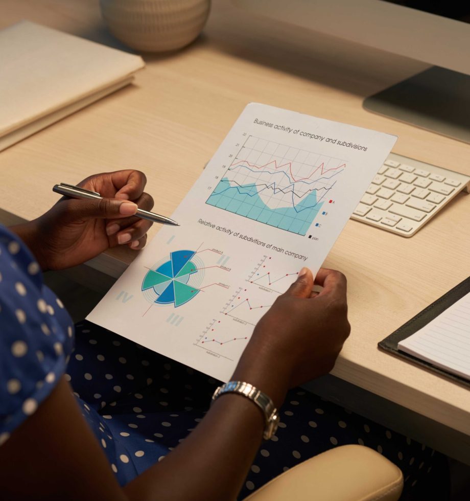 Female entrepreneur analyzing activity of her company